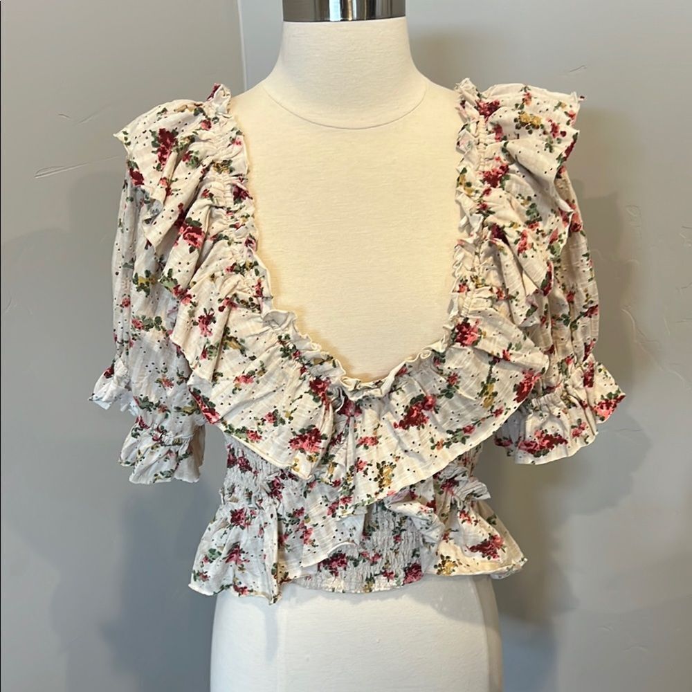 Free People Cream Ruffled Peplum Blouse